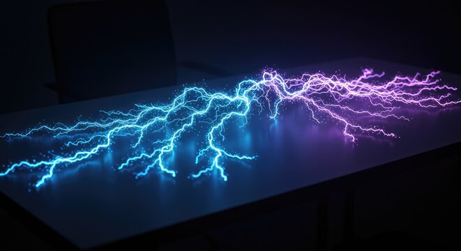 Vibrant purple electric lightning bolts striking a flat dark surface with futuristic energy glow