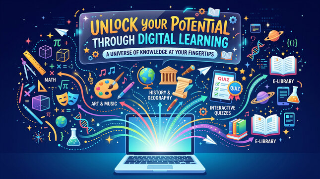 Colorful flat concept vector illustration showing a laptop emitting creative icons for online education, e-learning, e-library, science, and digital knowledge.