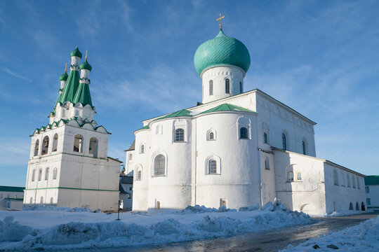 The ancient Cathedral of the Life‑Giving Trinity in the Trinity Complex of the Alexander‑Svirsky monastery on a sunny March morning. Leningrad oblast, Russia
