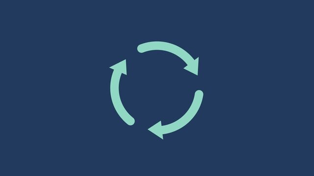 Three refresh arrows rotating on navy background, update and sync icon animation 4K