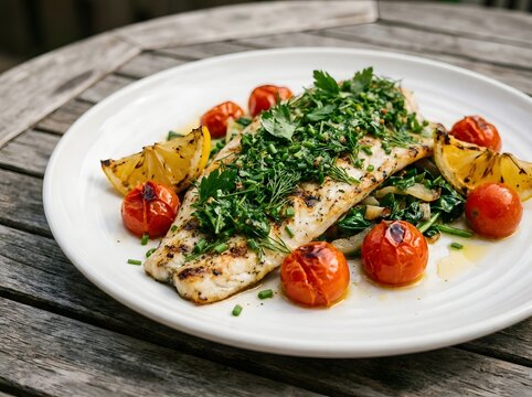 Grilled fish with lemon and tomatoes a delicious seafood dish on a white plate