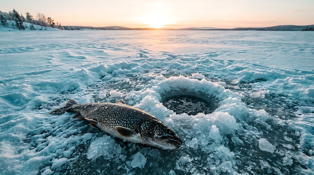Lake trout caught ice fishing on frozen lake at sunset  