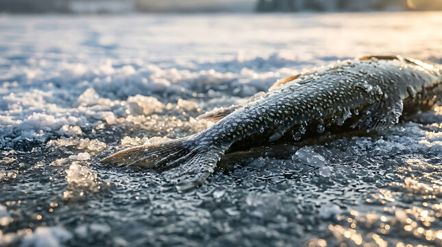 Lake trout caught ice fishing on a frozen lake surface  