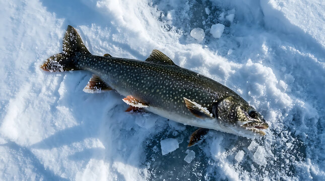 Lake trout caught ice fishing on snow-covered surface  