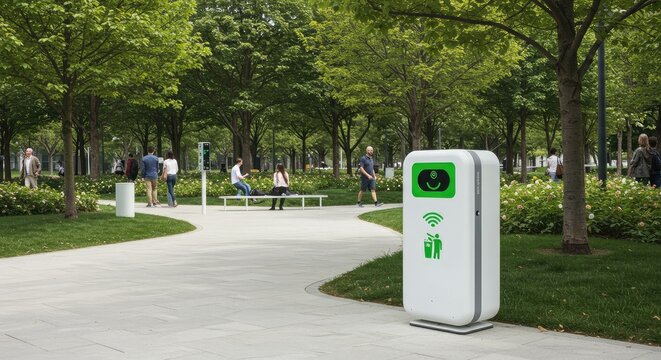 Modern electric vehicle charging station in a serene urban park with green trees and walking path