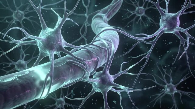 3D medical visualization of human neurons and nerve fibers showing a complex neural network and synaptic connections for scientific research and healthcare background