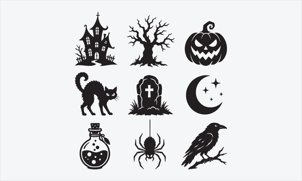 Halloween Spooky Elements Black Silhouette Icons