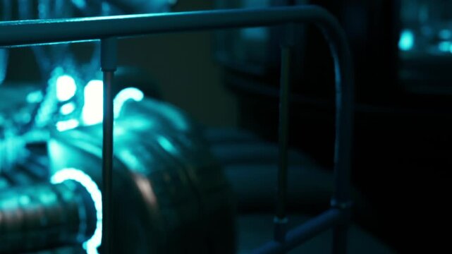 Metallic components glow with bright blue light in the darkness during the night time as they appear to operate or function within a confined space with a blurred foreground frame obscuring the view