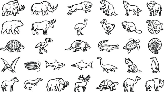 Prehistoric animal icon set featuring mammoth saber-tooth tiger dodo bird ammonite trilobite and extinct megafauna line art vector