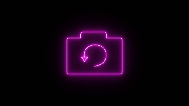 Pink Neon Camera Flip Icon Glowing Purple Line Art Symbol Isolated on Black Background