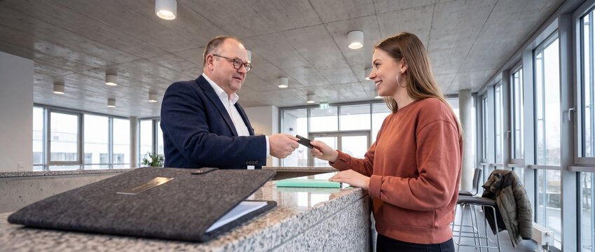 Ausbildungsleiter &uuml;bergibt Chipkarte an Auszubildende im B&uuml;ro-Foyer