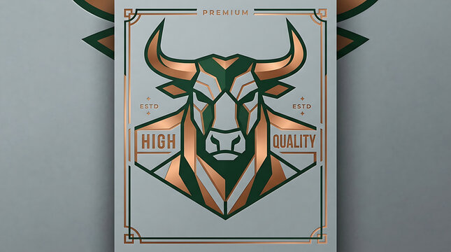 Elegant line-art vector illustration of a strong bull head framed in an art-deco geometric border, featuring rose gold and dark green tones for premium branding.