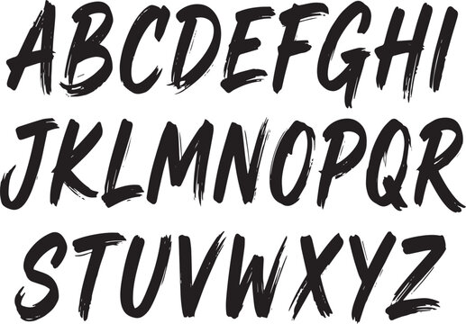 Hand drawn brush stroke alphabet letters from a to z in black ink on a plain white background, isolated uppercase calligraphy font characters