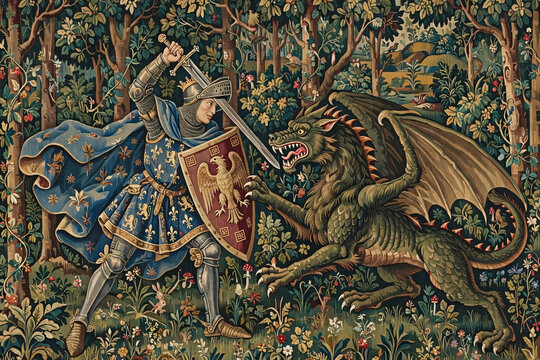 Medieval Knight's Valor: A valiant knight in shining armor, adorned with a royal blue surcoat and a heraldic shield, confronts a fearsome dragon amidst a lush, verdant forest.