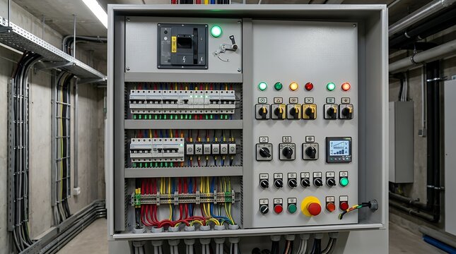 Modern industrial electrical power switch panel with safety circuit breaker controls toggle buttons for energy distribution voltage regulation household automation and high voltage tech