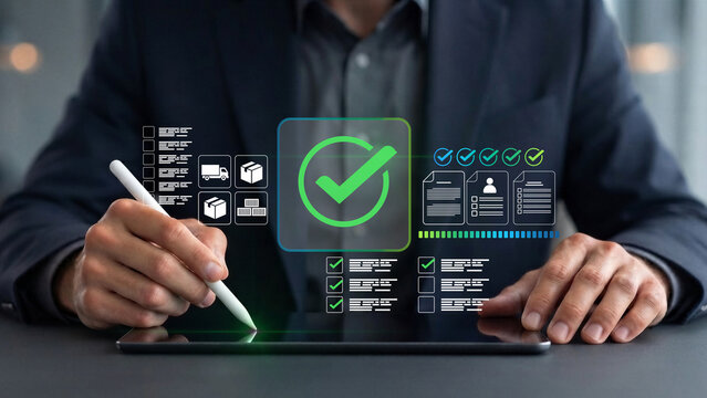 Procurement management and order processing. Order management, purchase order approval, supplier documents and supply chain operations. Manager verifies purchasing records and orders.