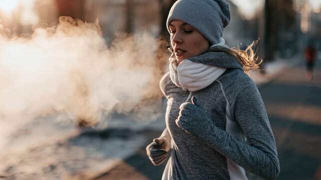 Woman running in cold weather, Winter outdoor exercise steam, Healthy lifestyle fitness motivation