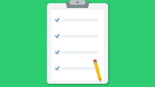 Animated checklist on a clipboard with a pencil ticking off items