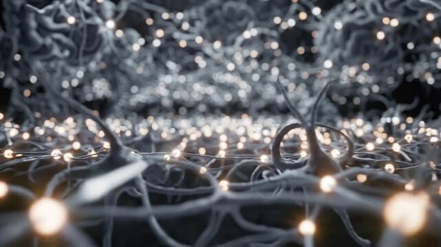 Neural network neurons firing electrical impulses with glowing synapses