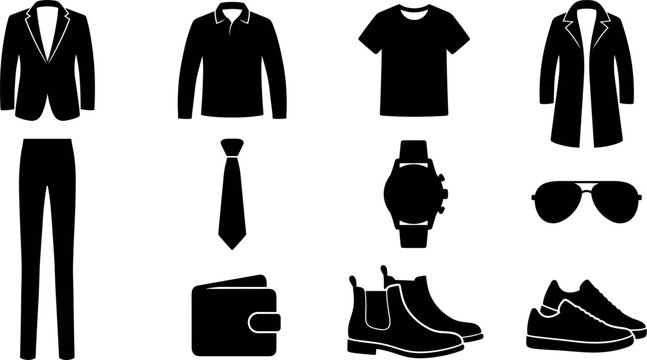 Silhouettes of men s clothing items including suits shirts and accessories on a white background