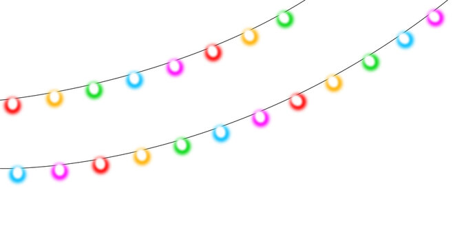 PNG Colorful glowing string lights or fairy light overlay for decoration, event, party, celebration, festival. Shiny glittering bulbs garland LED lighting on transparent background.