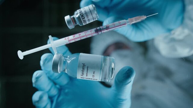 Gloved hands holding Fentanyl and Carfentanil medical vials with syringe bottom angle view