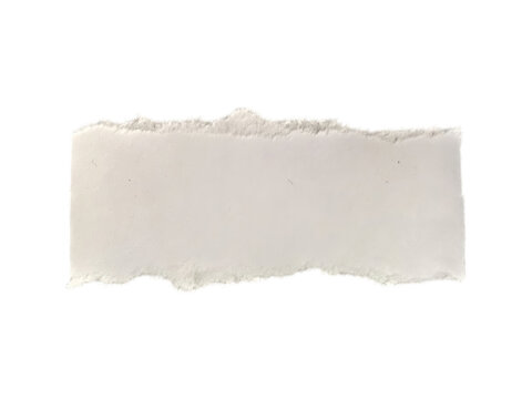 Small rectangle piece of torn white paper with rough jagged edges isolated on white background