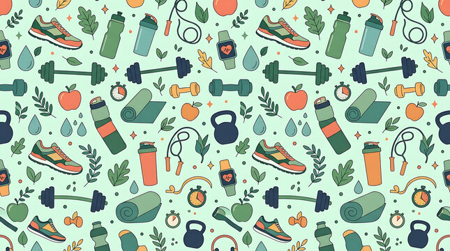 Seamless background pattern of fitness equipment and exercise gear for active lifestyles with yoga mat running shoes water bottle jump rope