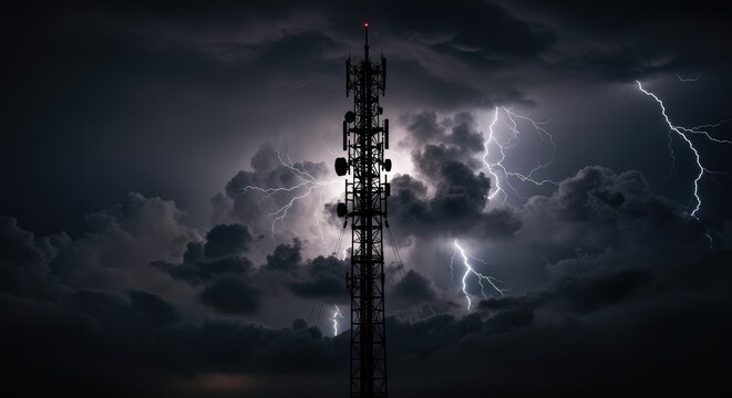 Dramatic stormy sky with lightning striking near tall communication tower at night