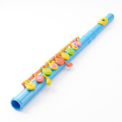 Blue flute with colorful keys on white background, woodwind musical instrument, 3D render © Julian