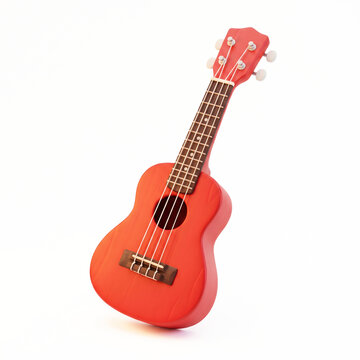 Red orange ukulele with wooden fretboard on white background, small acoustic stringed instrument, 3D render