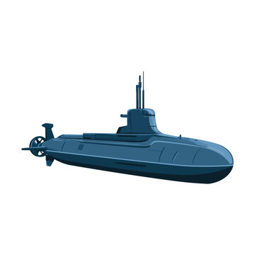 Detailed blue military submarine vector illustration isolated on white background showing periscope and propeller details