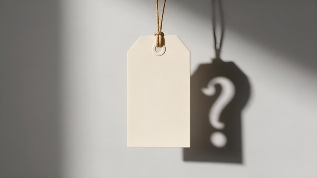 Blank paper price tag hanging on twine string casting a dramatic mysterious question mark shadow onto a bright minimal textured white wall surface background