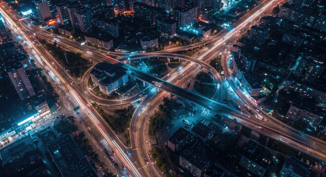 Aerial view of futuristic city intersection with glowing blue highway lights at night