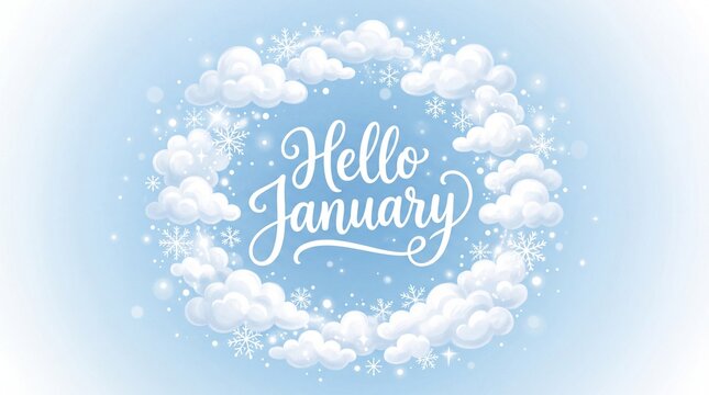 Hello January greeting inside a decorative wreath of clouds and snowflakes.