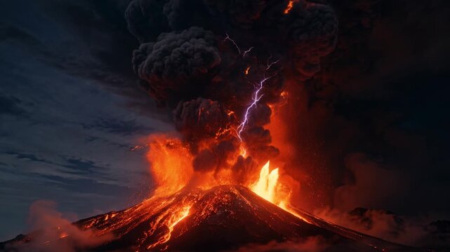 Powerful volcanic eruption with glowing lava, massive black ash clouds and lightning in dark night sky