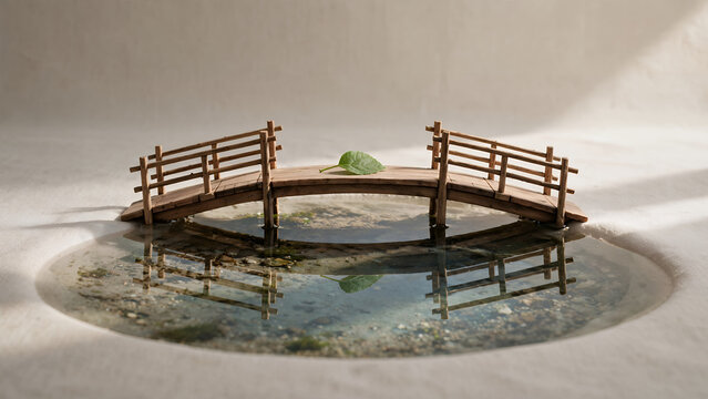 small rustic wooden bridge with railing floating on serene water surface, soft natural light and leaf reflection