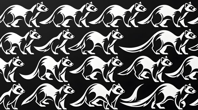 Ferret Seamless Pattern with White Animal Silhouettes Walking on Black Background