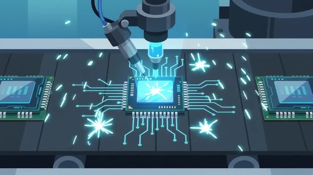 Smart factory automation animation showing robotic arms on assembly line, microchip laser welding, and smartphone production.