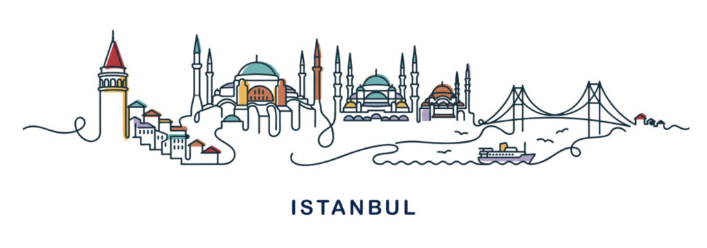 Continuous line drawing of Istanbul skyline, Turkey, featuring famous historical landmarks
