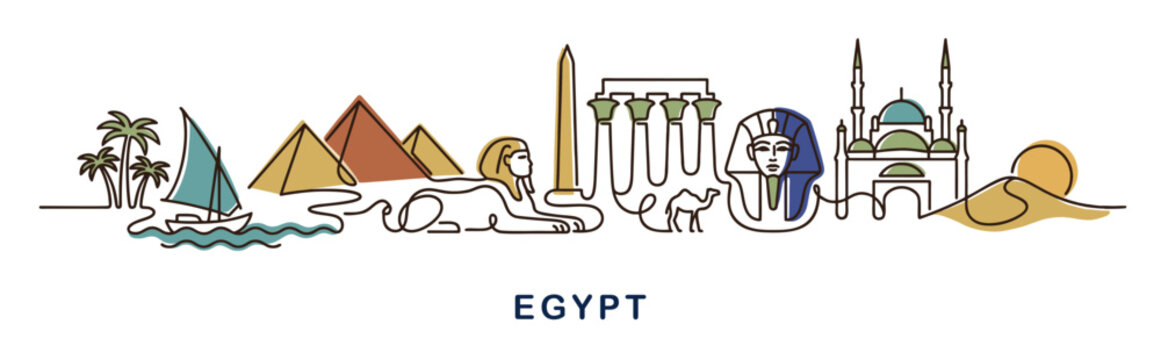 Continuous one line drawing of Egypt skyline with pyramids and Sphinx. Minimalist vector illustration of Egyptian landmarks