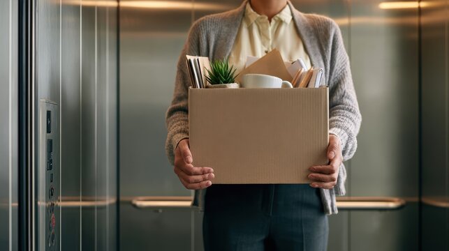 Woman holding a box of office belongings while standing in an elevator