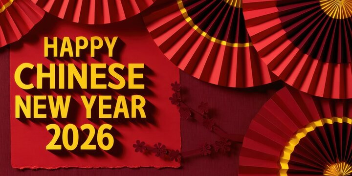 Happy Chinese New Year 2026 paper collage poster with red fans and yellow text