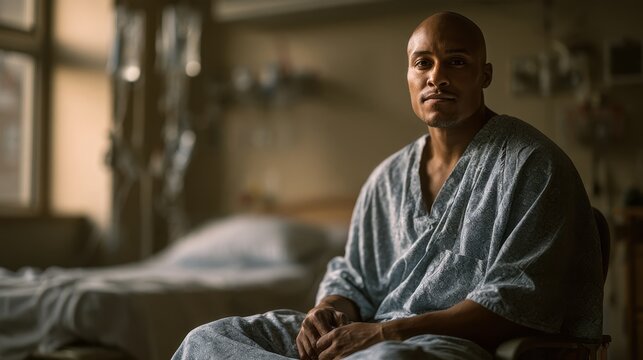 Bald male patient sitting in a hospital gown in a softly lit hospital room