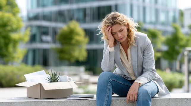 Distressed woman sitting outside an office beside a box of belongings after a layoff