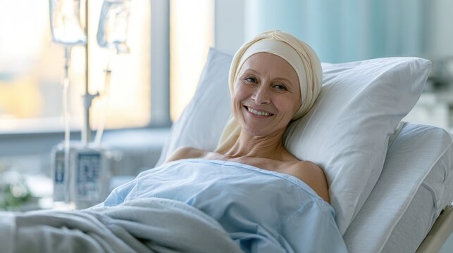Smiling woman wearing a headscarf resting in a hospital bed beside an IV pump