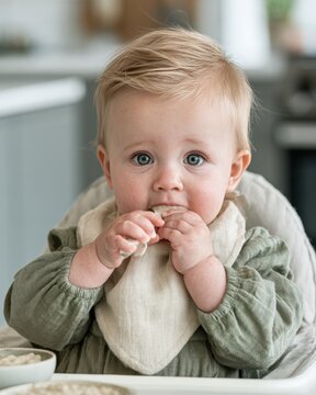 Baby eating finger food while sitting in a high chair wearing a bib