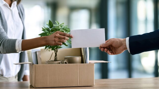 Woman receiving a document envelope beside a box of office belongings