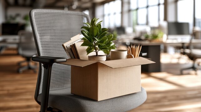 Cardboard box of personal office belongings on an empty desk chair