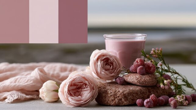 Pastel pink still life with roses a glass jar and matching color swatches